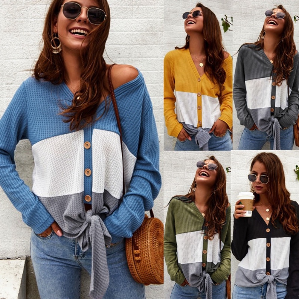 ♦️🆕 Relaxing Front Tie Long Sleeve Top Blue - Picture 6 of 7